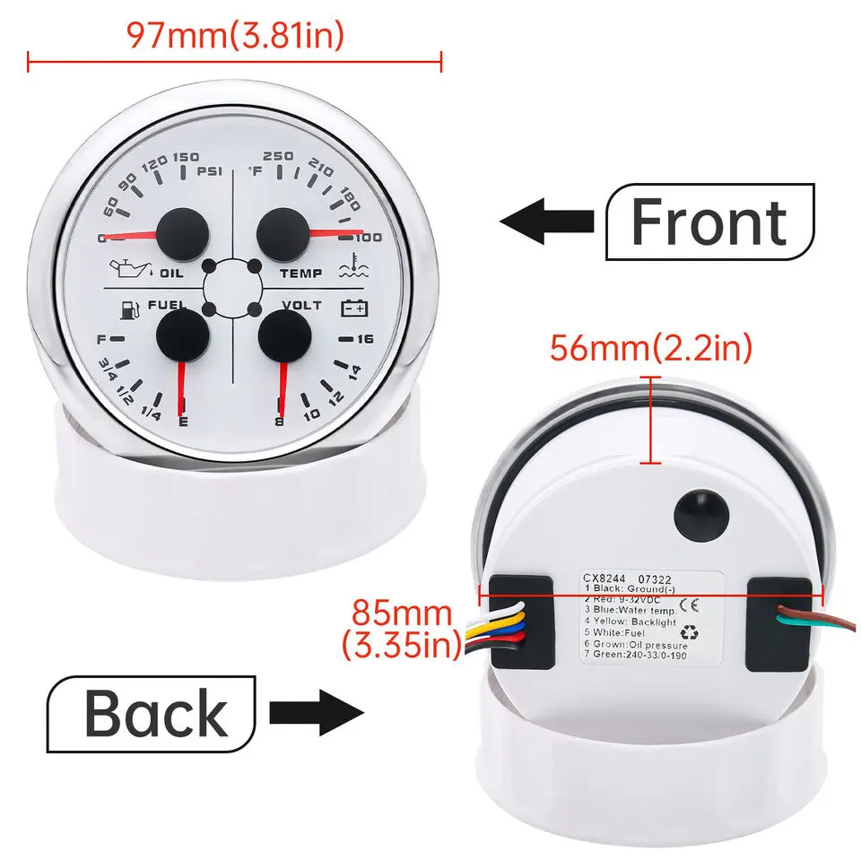 85mm 보트 4 In 1 다기능 게이지 연료 레벨 240-33ohm 오일 압력 온도 볼트