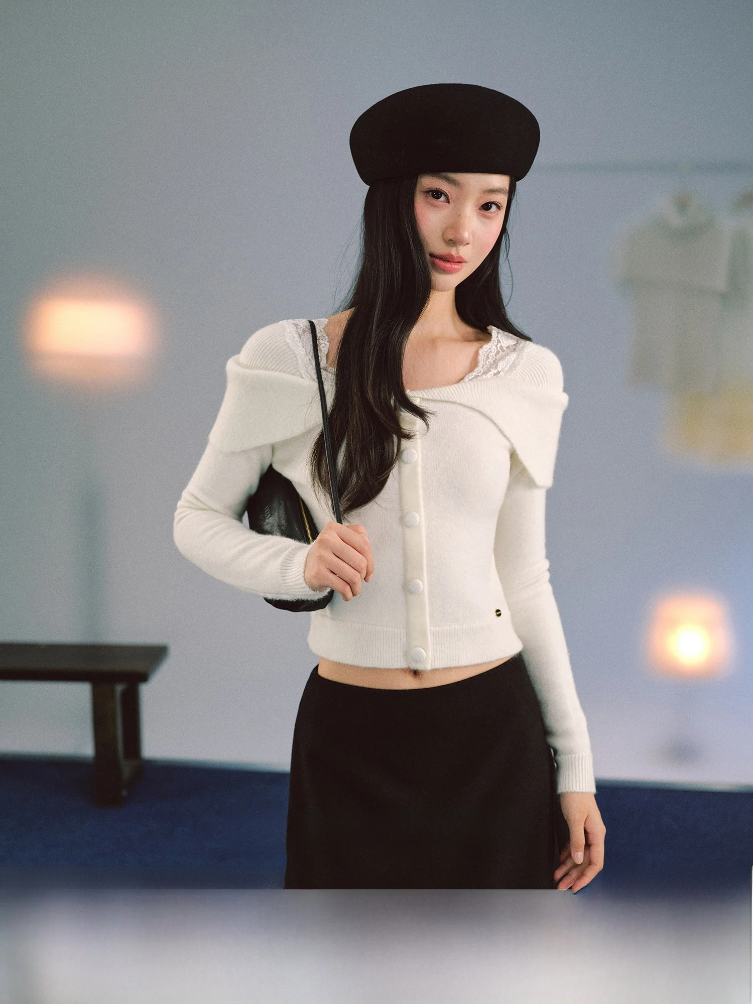 

LaluneDuCiel Ele Lace Splice oulder Wrap Sweater Women's Faion Knitted Long Sve Casual ort Sle Polyester Fiber