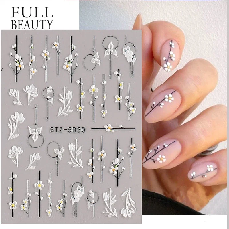 5D Nail Charmsl Stickers Flowers Leaves Self-Adhesive Slider Acrylic Summer Wedding Design Embossed Decals Nail Accessories