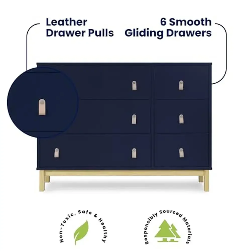 6 ลิ้นชัก Dresser หนังดึงลิ้นชักประสาน Greenguard Gold Certified Navy/Natural ปลอดภัยตัวเลือก Easy Assembly ทนทาน