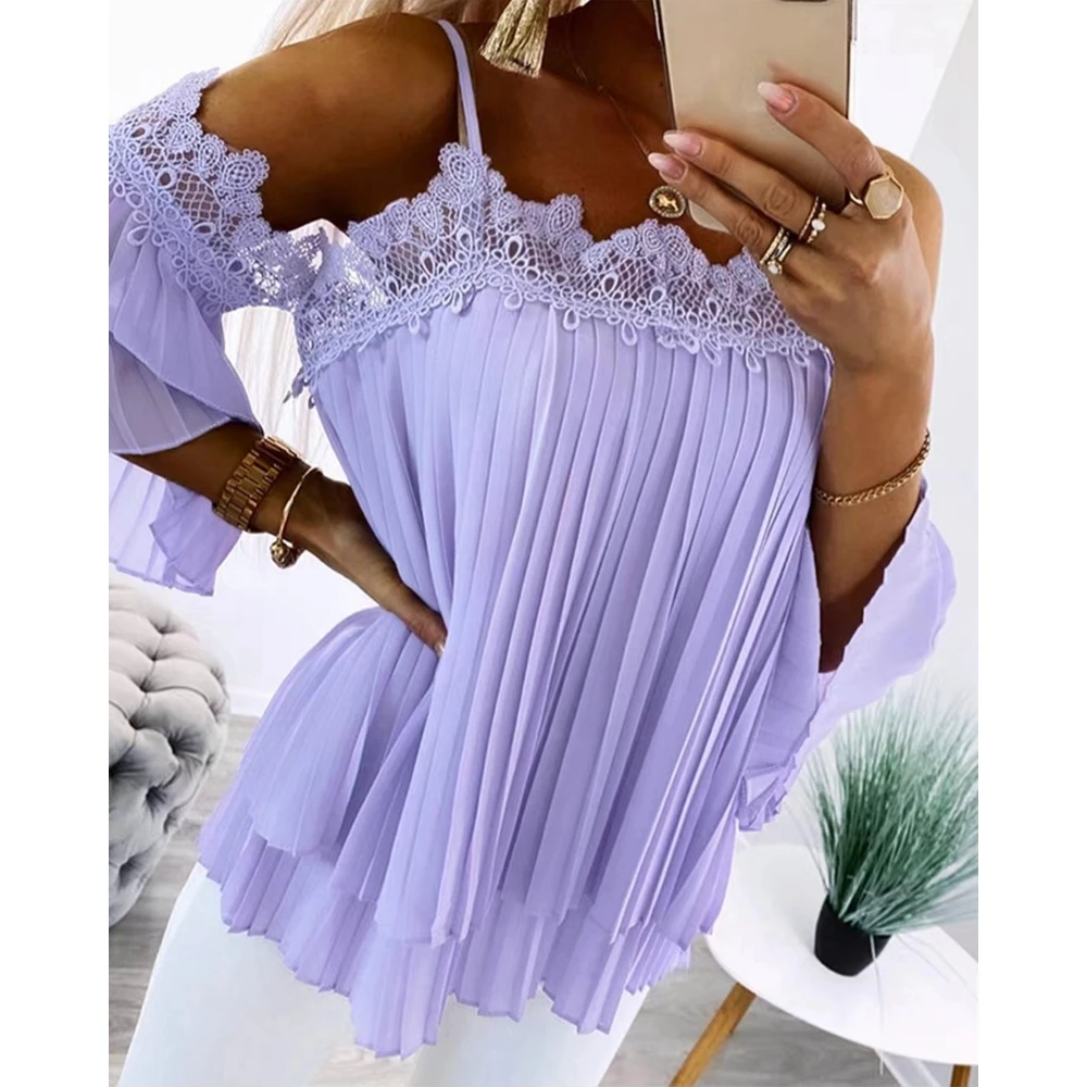 Women Contrast Lace Ruched Cold Shoulder Chiffon Top Autumn Fashion Casual Short Sleeve Blouse Sexy Elegant Workwear