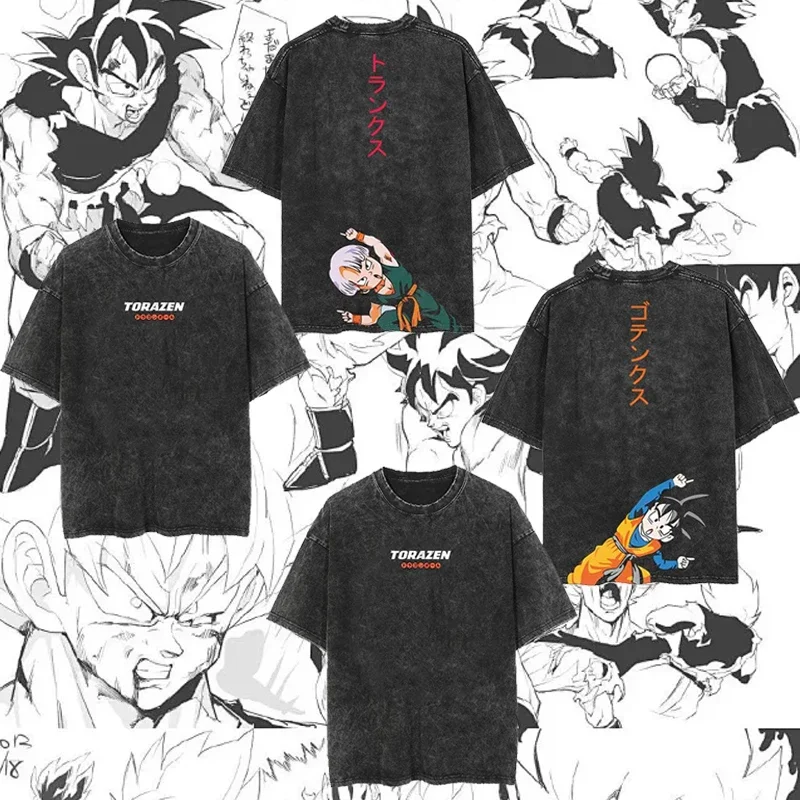 

Men's T-shirt Dragon Ball Goku Cartoon Anime Oversized High Street Washed Retro Short-sleeved Pure Cotton Trendy T-shirt Tops