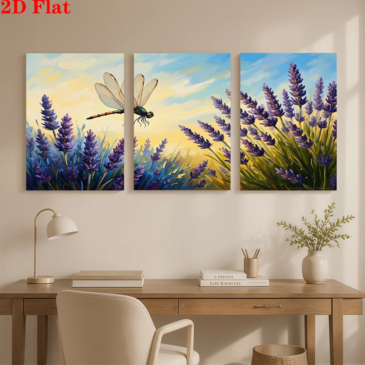 Frameless Canvas 2D 3pcs Canvas Art Wall Hanging- A Dragonfly Above Lavender. Suitable For Decorating Offices, Dining Rooms,
