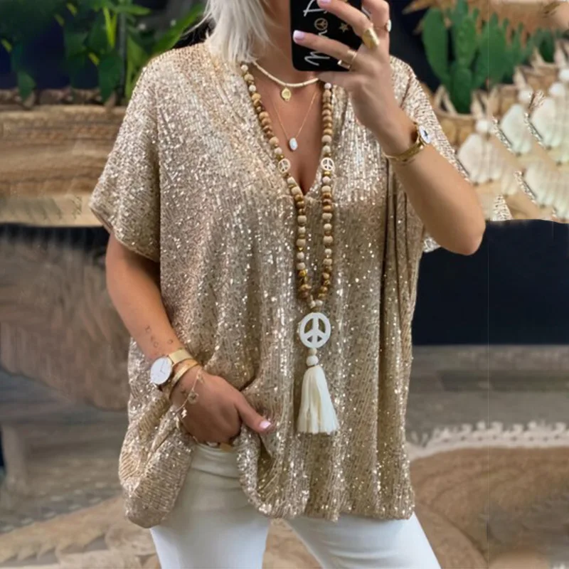 Summer Casual Loose V-neck Pullover Tops Sequins Decoration Women New Gold T-Shirt Fashion Solid Streetwear Tees Blended Clothes