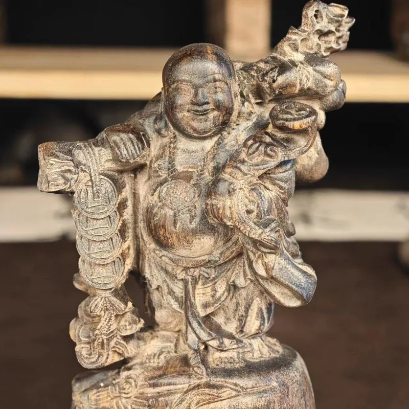 Hand-Carved Wood Laughing Maitreya Buddha Statue - 5.1