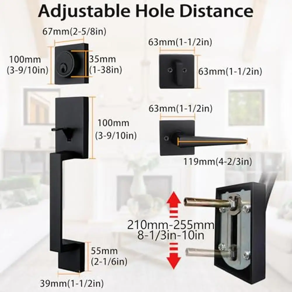 Traditional Keyed Single Front Door Handleset with Lever Handle Matte Black Finish Adjustable Sizes Installation Template and