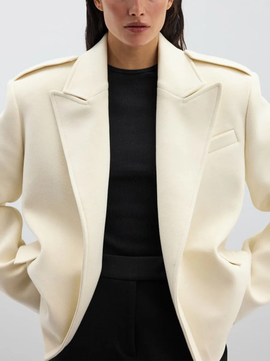 Allingentle Women's  Loose Coat Top Flat Collar Suit Blazer Elegant Casual Daily Work Shoulder Badge Woolen Coat Customize