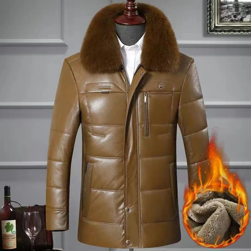 Chaqueta de cuero PU de algodón informal para hombre de mediana edad, abrigo, ropa, Chaqueta de algodón cálida, abrigos de invierno gruesos de terciopelo añadidos