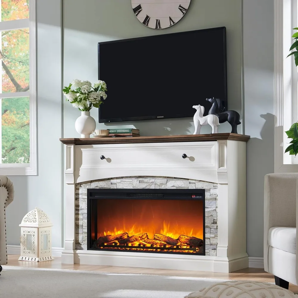 52'' Electric Fireplace TV Stand with Mantel for Up to 65 Inch TV, 36 Electric Fireplace & Sime-Open Cubby, Farmhouse Center