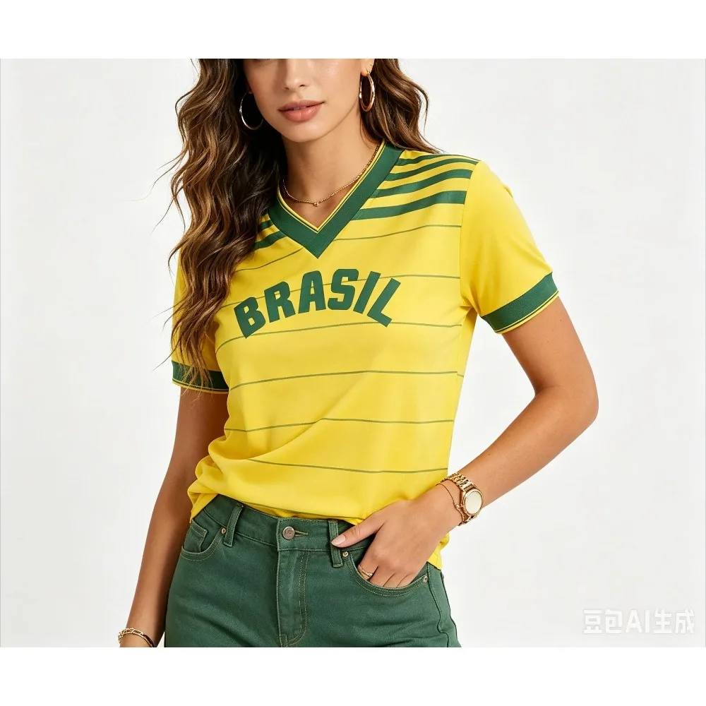 Women Men's Quick Dry Breathable Short Sleeve Brazil Style Team Retro Football Jersey Thin Stripe V‑Neck Loose Sports T‑Shirt