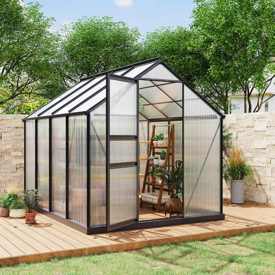 

6X8 FT Outdoor Walk in GreenhousePolycarbonate Green House Vented Roof Window Heavy Duty Greenhouse with Aluminum Frame for Bac