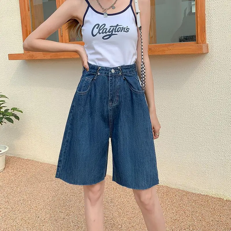 

Синие винтажные джинсовые шорты с высокой талией до колена для женщин, летние повседневные свободные джинсовые шорты с широкими штанинами