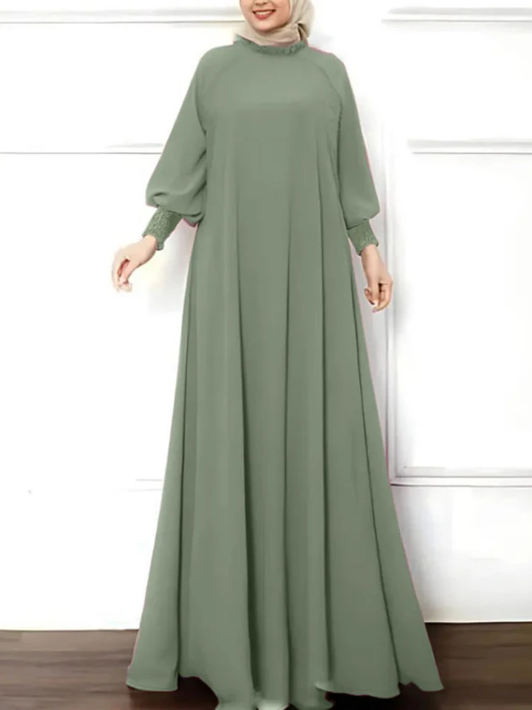 ZANZEA Donne Elegante Shirring Polsino Manica Lunga Maxi Vestito Musulmano Moda Increspato O Collo Solido Abaya Abiti Islamico Hijab Abiti