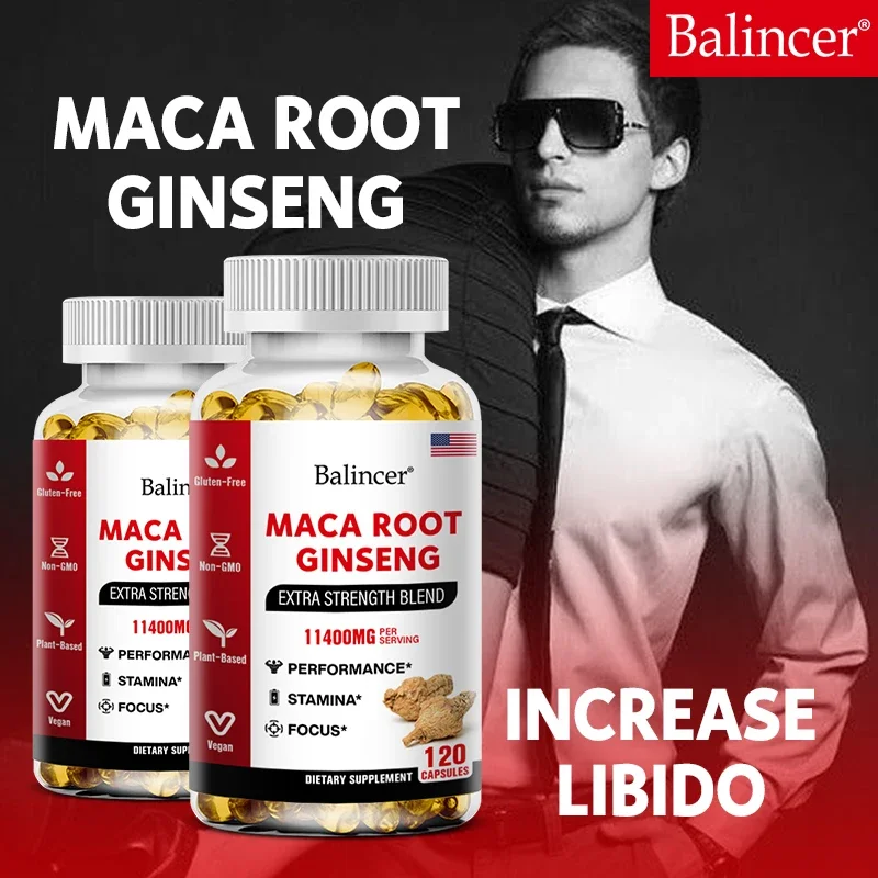 Balincer Organic Maca Root + Ginseng Extract Capsules - Stamina and Mood - Energy Supplement for Men and Women