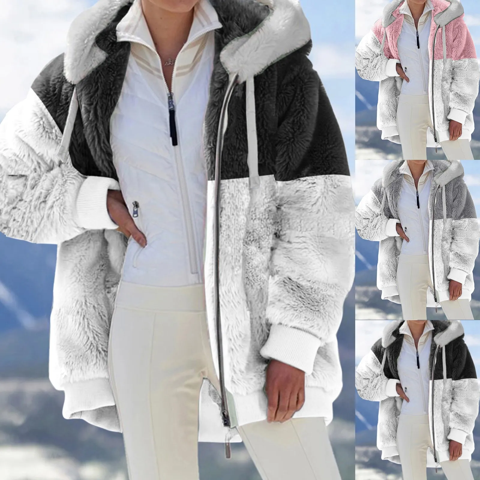 Women Warm Plush Jackets Autumn Winter Faux Fur Patchwork Oversize Zipper Outwear Ladies Elegant Loose Fleece Hooded Coat Jacket