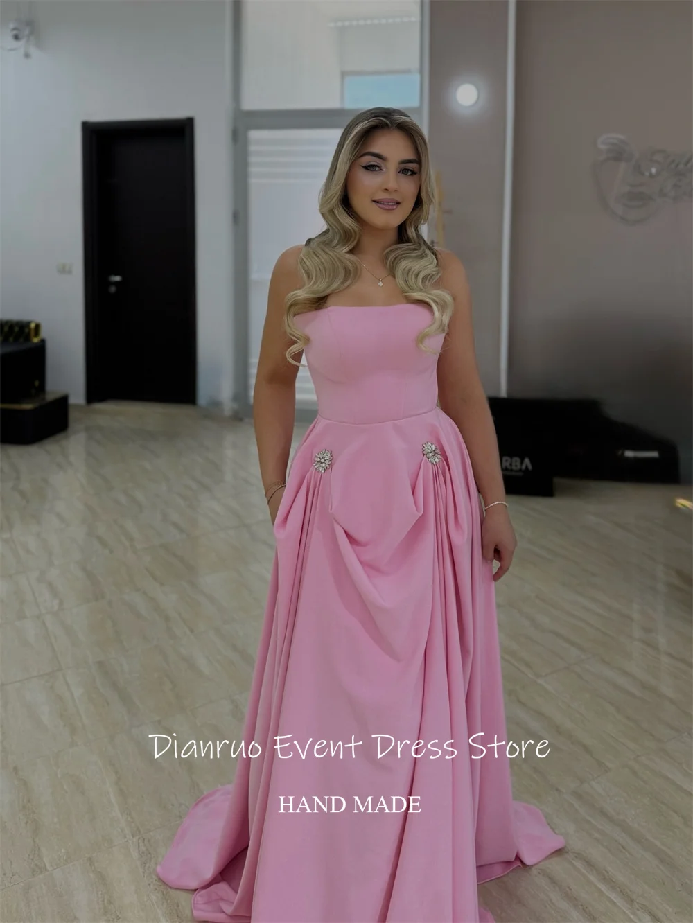 Dianruo – robe De soirée trapèze en Satin, longueur au sol, sans bretelles, robes d'invitées De mariage, rubans chics, personnalisée