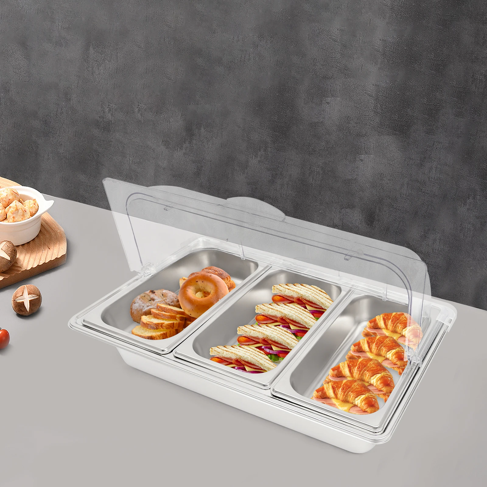 

Countertop Food Serving Display Container with Clear Roll Top Cover 3-Compartment Stainless Steel Buffet Food Display Container