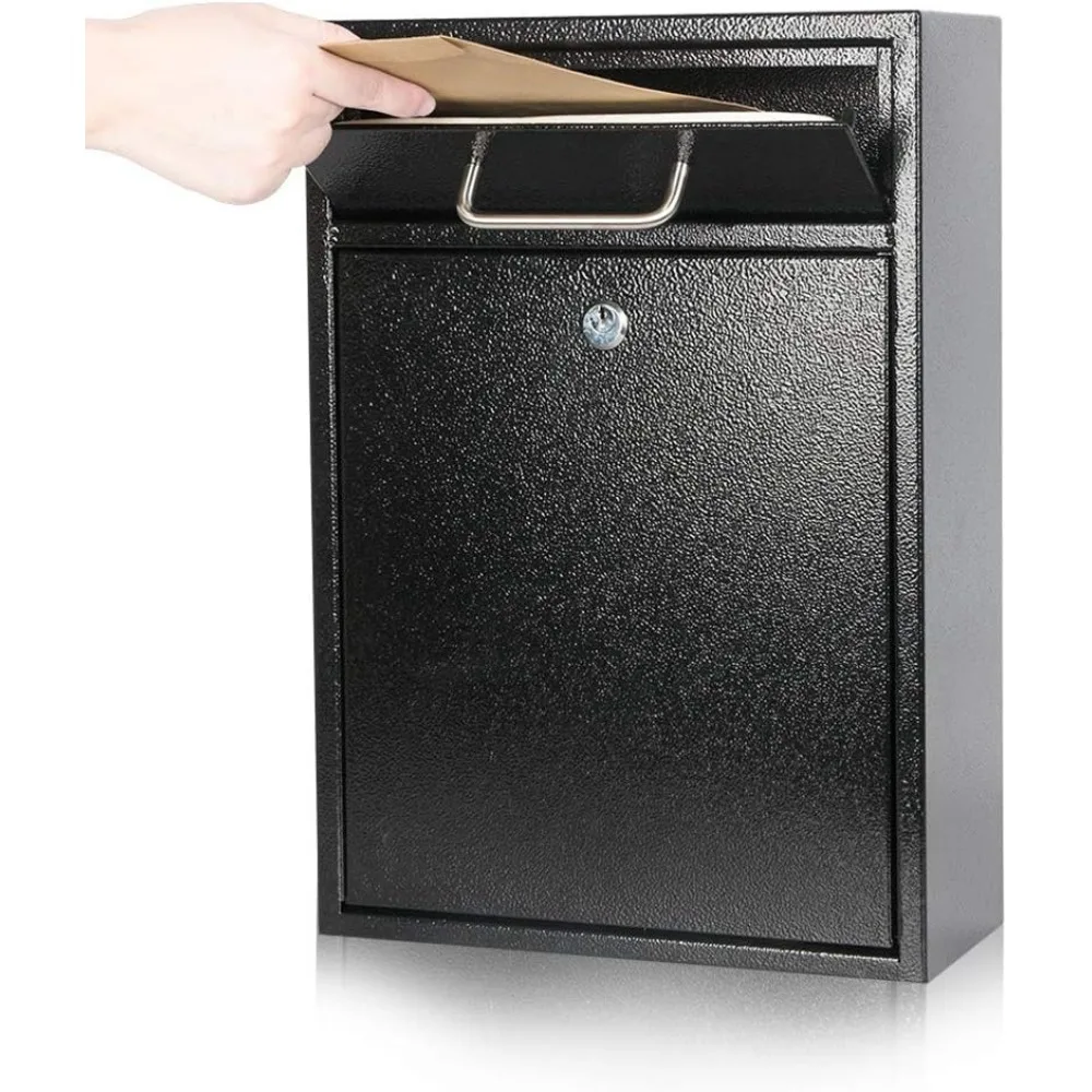 

Large Black Steel Locking Wall Mount Mailbox, Secure Drop Box with Key Lock, 16.2H x 11.22L x 4.72W Inches