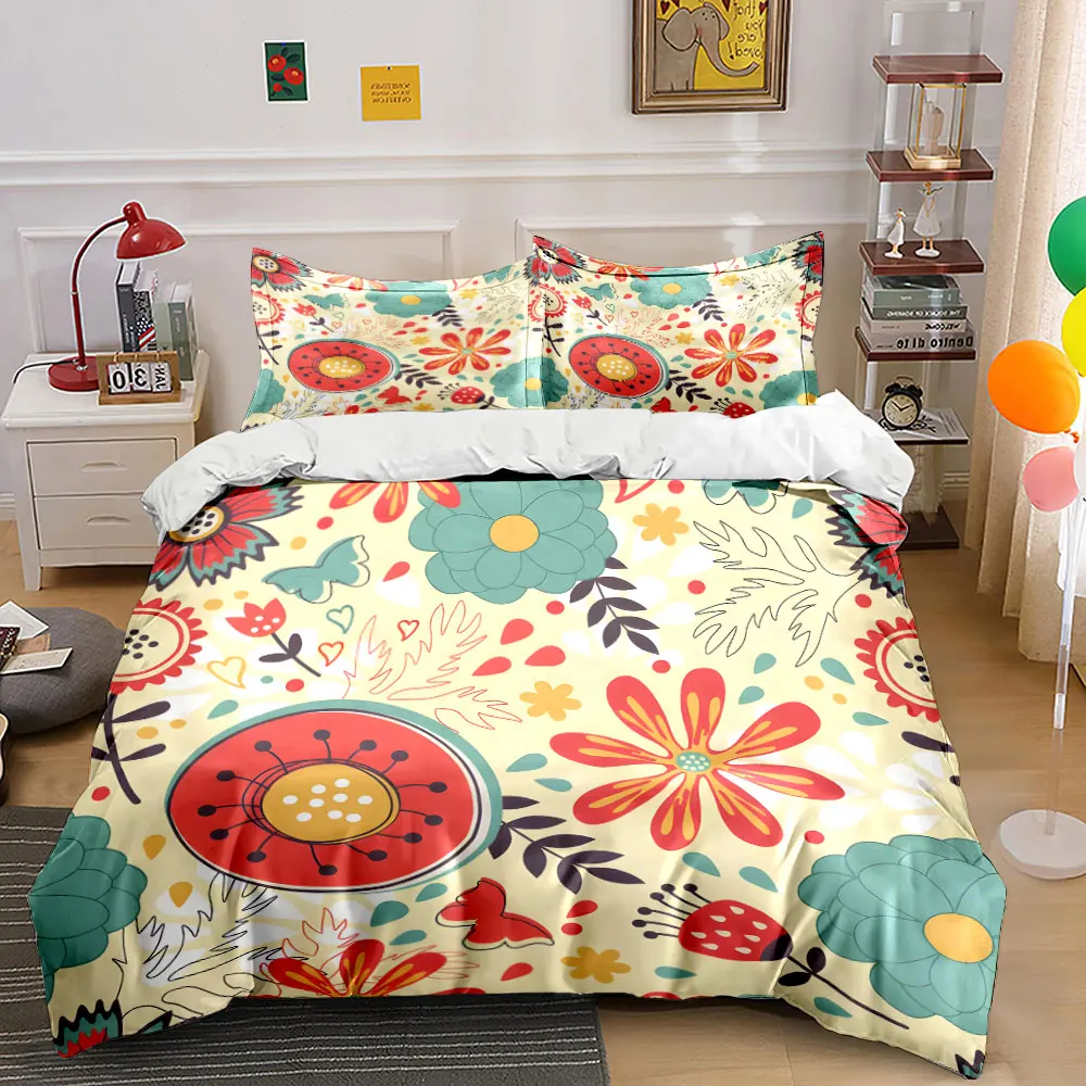 

Floral Pattern Colorful Design Print Bedding Set 1 Duvet Cover 2 Pillowcases for Adult and Children Luxury Gift Full Size