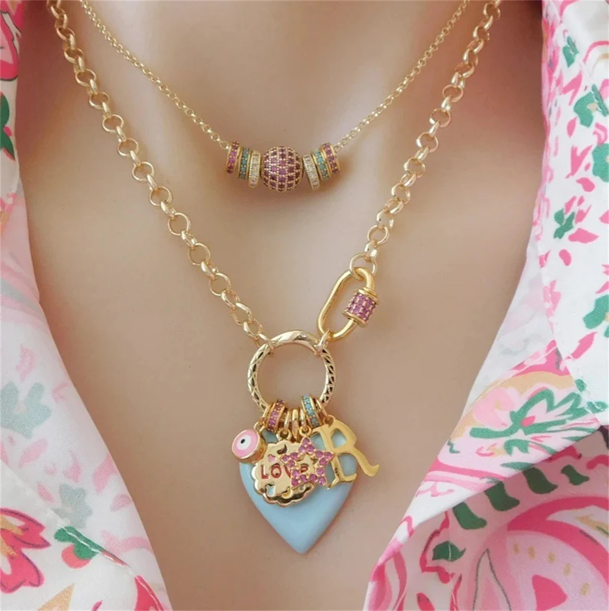 

Valentine's Day enamel heart-shaped pendant necklace keychain pink eye necklace gold-plated color preservation