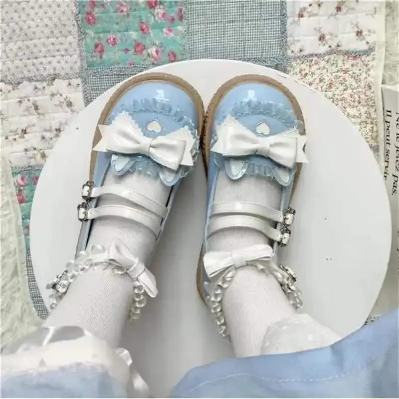 Buty damskie z okrągłym noskiem gotyckie niebieskie Mary Jane słodkie Kawaii styl japoński Lolita damskie płaskie wiosenne modne koreańskie