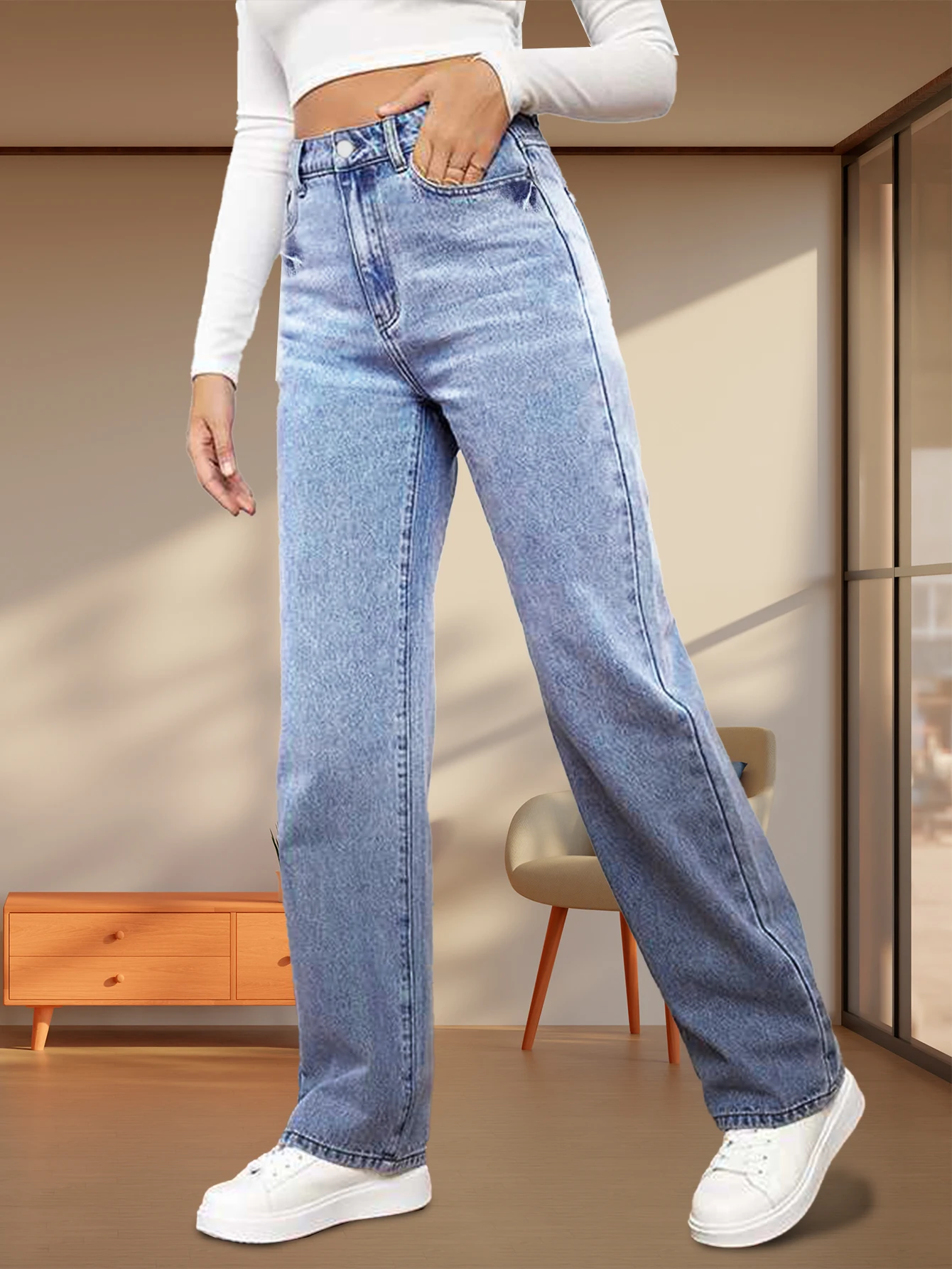 

2024 new women's loose denim straight pants slim low waist jeans women's slightly elastic light blue jeans suitable for dating