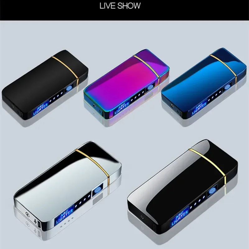 Windproof Electric Metal Lighter Double Arc Flameless Plasma Lighter USB Rechargeable LED Power Display Touch Sensor Hot 2024