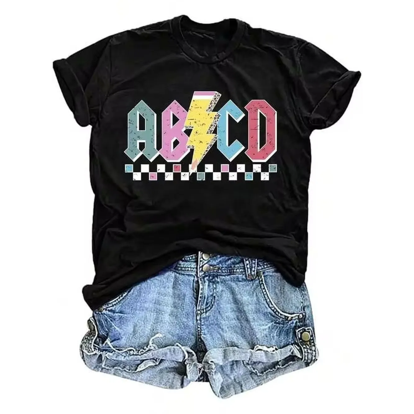 Abcd Lightning Bolt Checkered Print Shirt Women Round Neck Top Casual Summer Streetwear