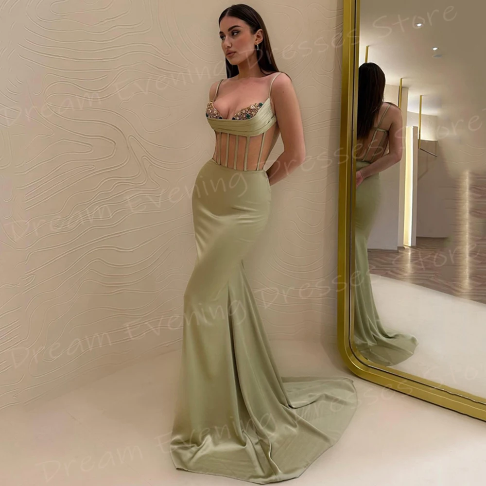 Vestido de noche de sirena para mujer, traje verde clásico con tirantes finos, sexi, Formal, para fiesta de graduación, 2024