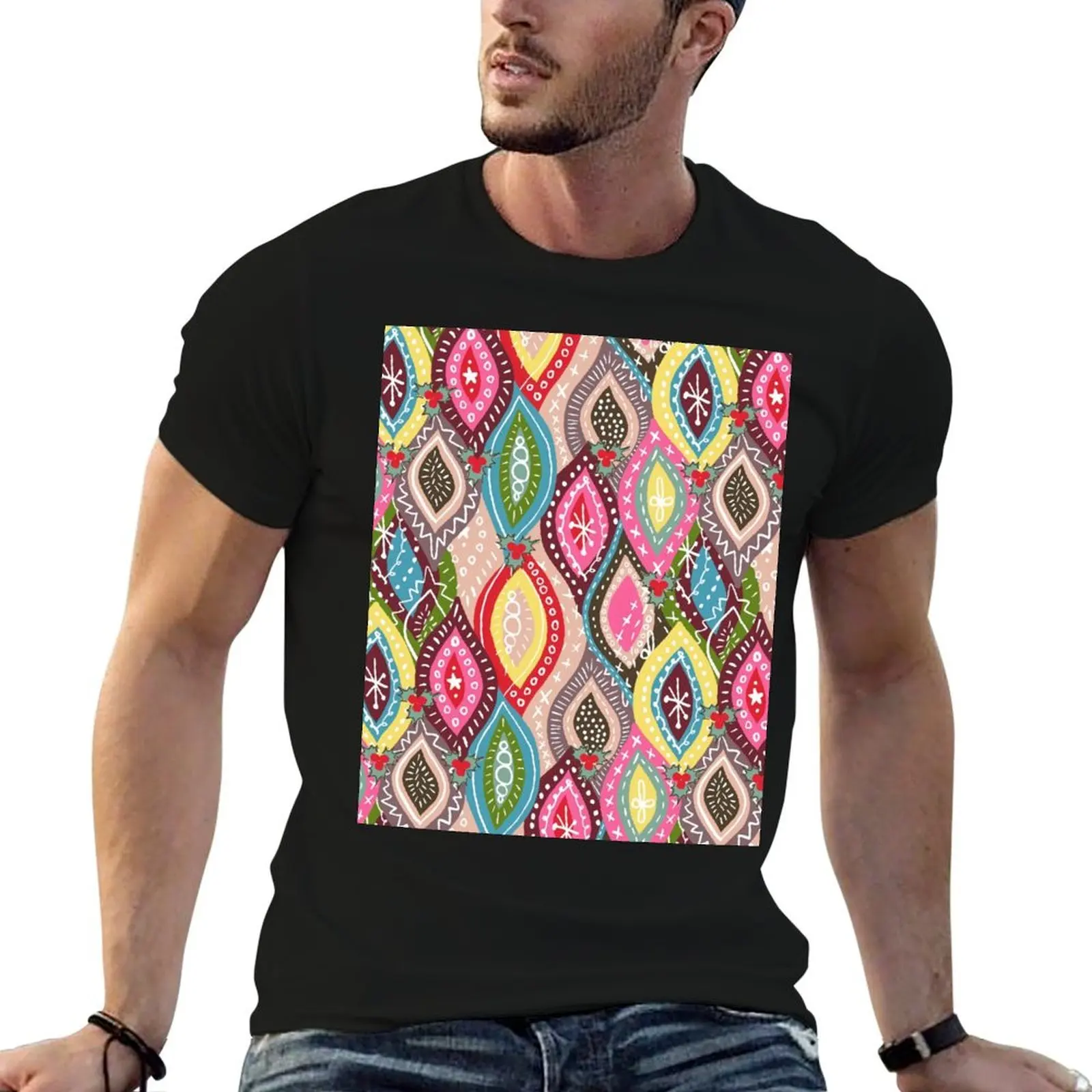 Maximalist Holiday Celebration! Festive Colorful Designer Print T-Shirt Short sleeve tee cute tops mens plain t shirts