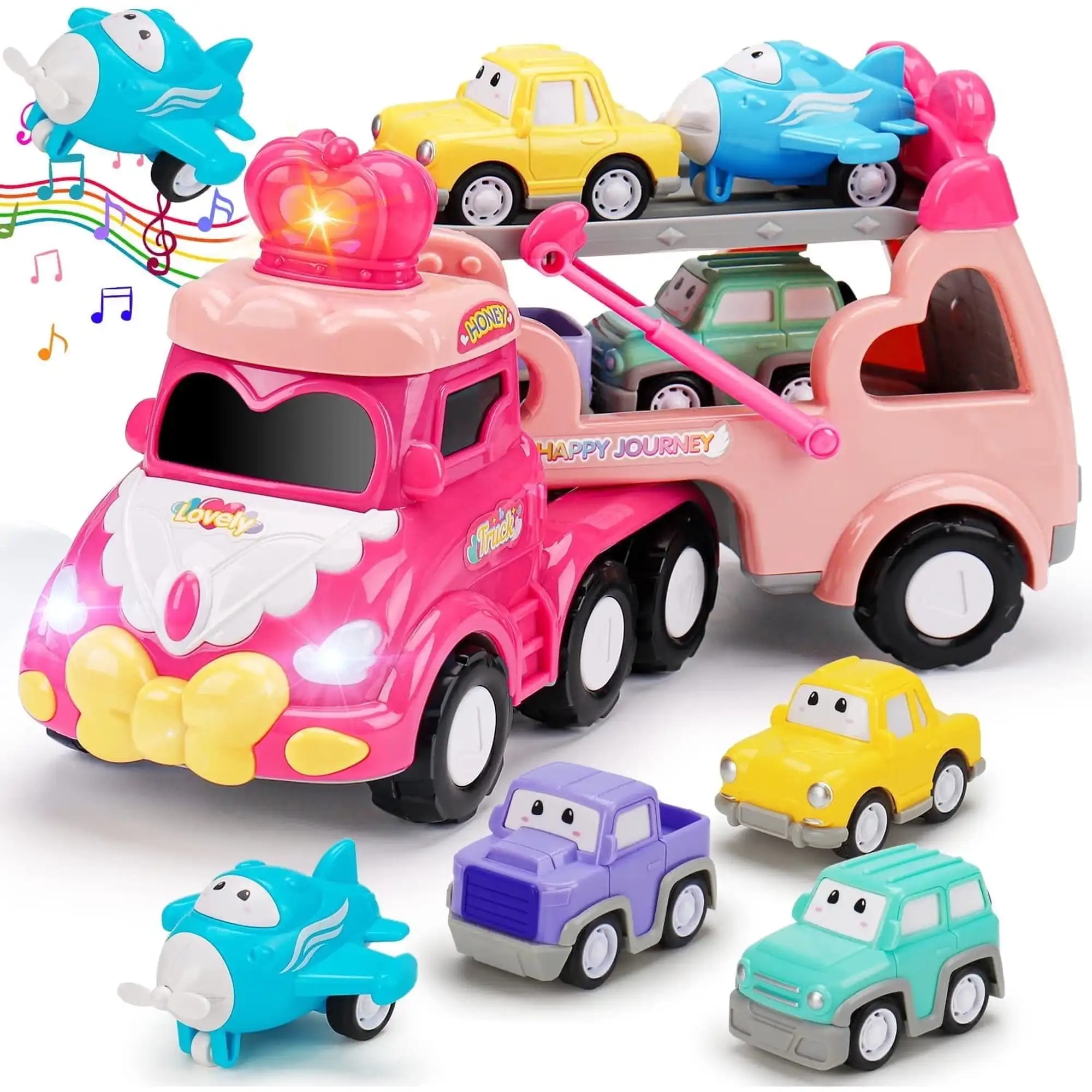 

Toddler Car Toys for Girl Pink Princess Transport Carrier Trucks with Lights & Music Friction Power Birthday Christmas Gift