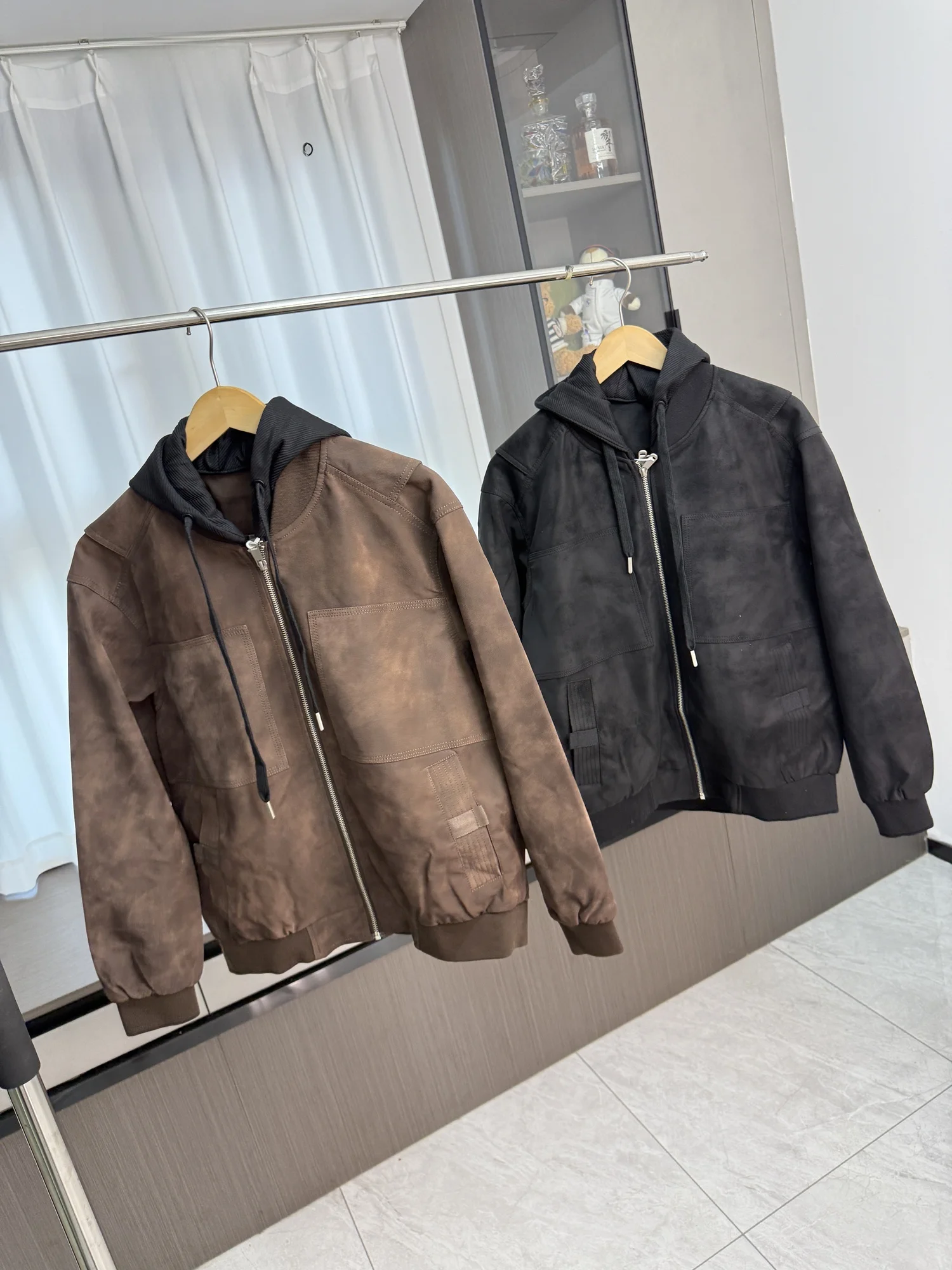 

Retro Faded Ultra-Leather Men's Biker Jaet with Hood Autumn Heavyweight Leather Coat Vintage Sle Long Sve Zipper Closure