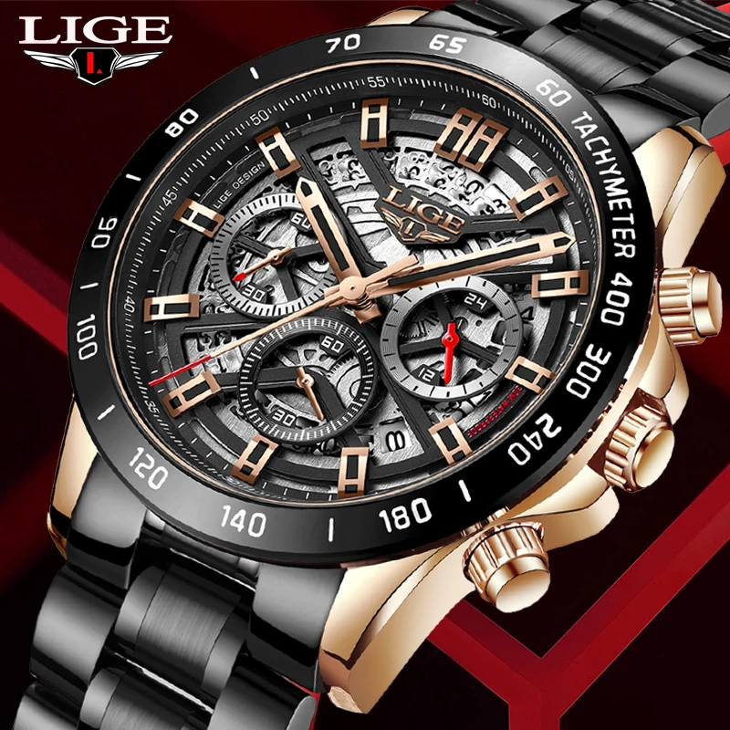 

LIGE Luxury Watches for Men Fashion Stainless Steel Band Military Waterproof Sport Chronograph Quartz WristWatch Fashion With