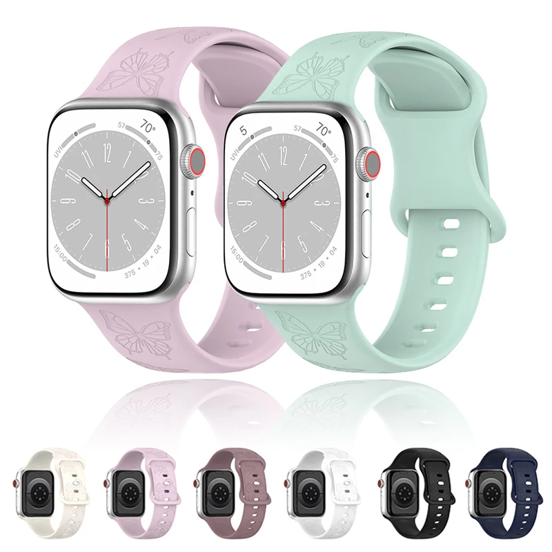 

Butterfly Engraved Strap For Apple Watch Bracelet 38mm 40mm 41mm 42mm 44mm 45mm 49mm silicone Band iwatch series 9 8 7 6 5 4 SE