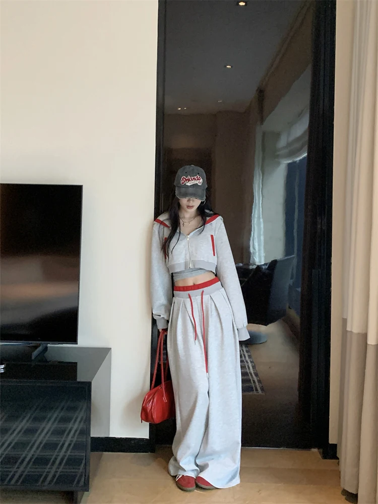 

Retro Color Blo Long Sve Sweatirt Loose Women's Set Dstring Trousers ort Sle Spring New Arrival Faion Set