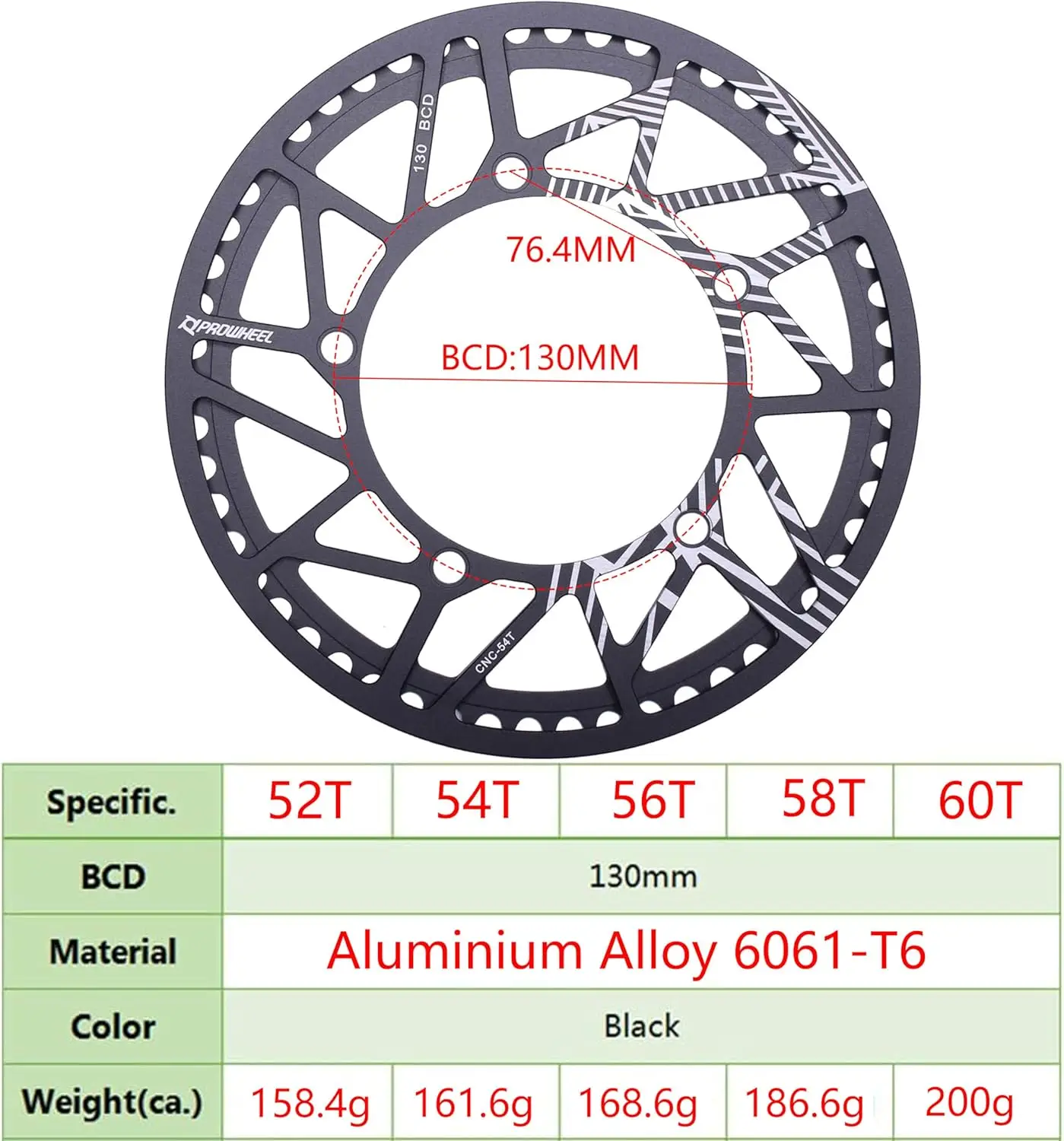 Prowheel Bike 130mm BCD Aluminium Alloy  52T/54T/56T/58T/60T Bike Chainring for 6 to 12 Speed