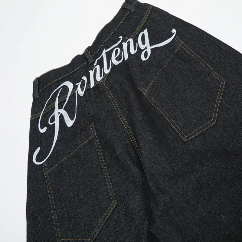 Y2K-pantalones vaqueros lavados Vintage para hombre y mujer, Vaqueros de pierna ancha holgados con bordado en la espalda y letras blancas, ropa de calle cómoda e informal