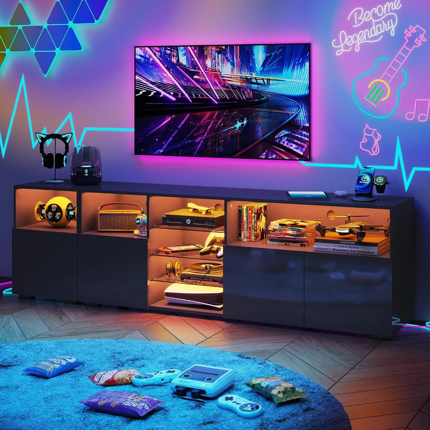 85 Inch LED TV Stand with Power Outlet High Glossy Entertainment Center Storage LED Lights Living Room Bedroom Black, Customized