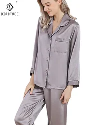 Birdtree 100%Pure Silk Female Pajama Suits Long Top and Pant Silk Pajama Sets M-XXL Pijama Home Suit Autumn Spring New S38002QM