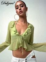 Dulzura-cárdigan de gasa de manga larga con volantes, Top corto transparente con cordones, traje básico Sexy, ropa de calle para Otoño e Invierno