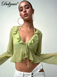 Dulzura Chiffon Long Sleeves Ruffled Cardigan See Through Lace Up Crop Top Sexy Basic Outfit Streetwear Autumn Winter