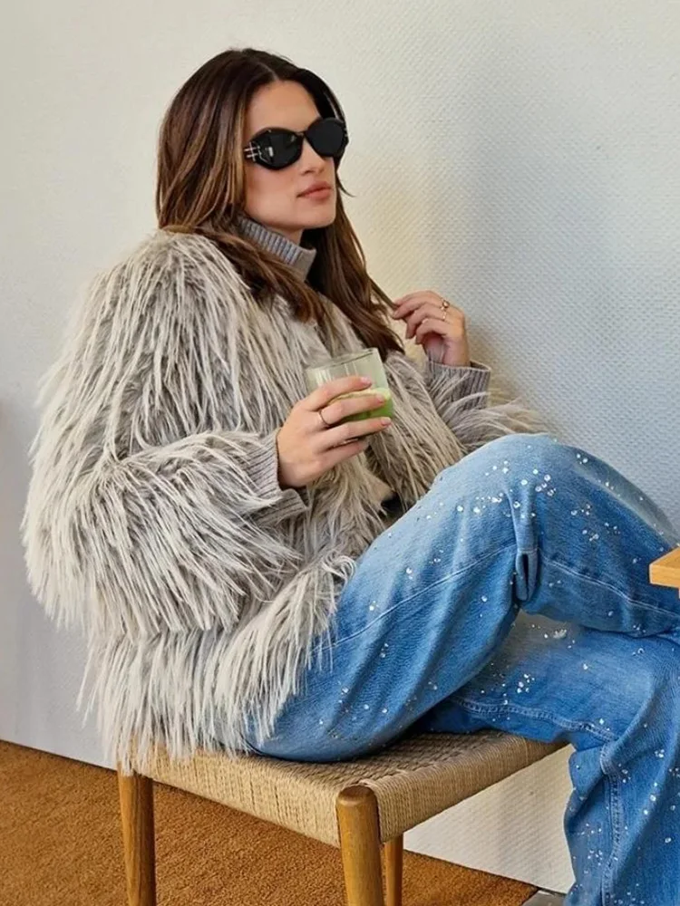 HH 女性の冬のファッション O ネック長袖天然模造毛皮ソリッドコート女性暖かいルーズアウターカジュアルポケットジャケット