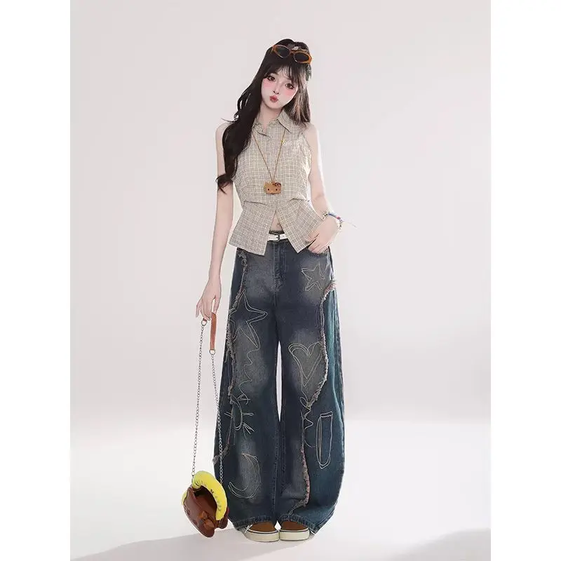 Trendy Brand Heavy Industry Embroidery Rough Edge Scimitar Jeans Retro High Street High Waist Loose Wide Legs Baggy Jeans Women
