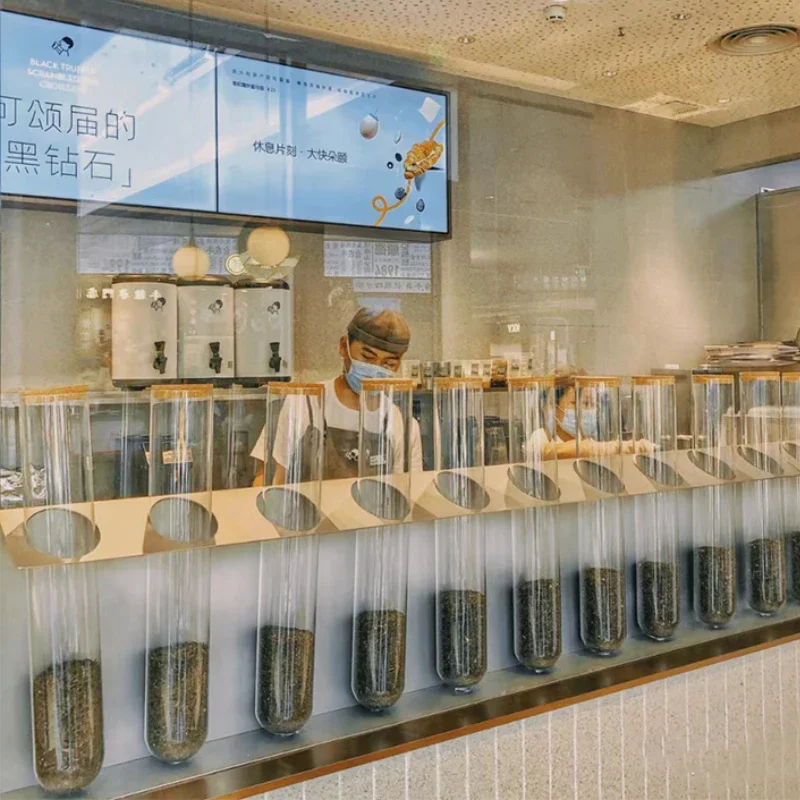 Boîtes de rangement en verre pour thé au lait, présentoirs à thé, étagères en fer, boîtes de grains de café, présentoirs de comptoir de bar