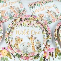 Pink Gold Animal Wild One Birthday Party Disposable Tableware Forest Decoration Girl 1st Birthday Jungle Safari Party Supplies