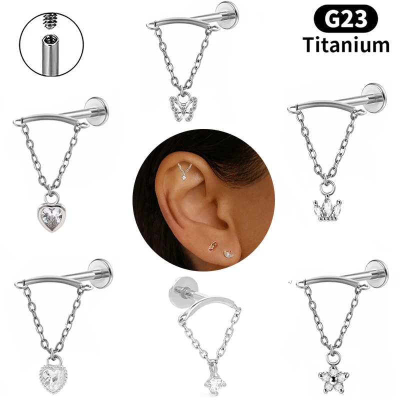 1PC G23 Titanium Hidden Helix Piercings Studs Internal Thread Crystal CZ Flower Butterfly Pendant Chain Tragus Earrings Jewelry