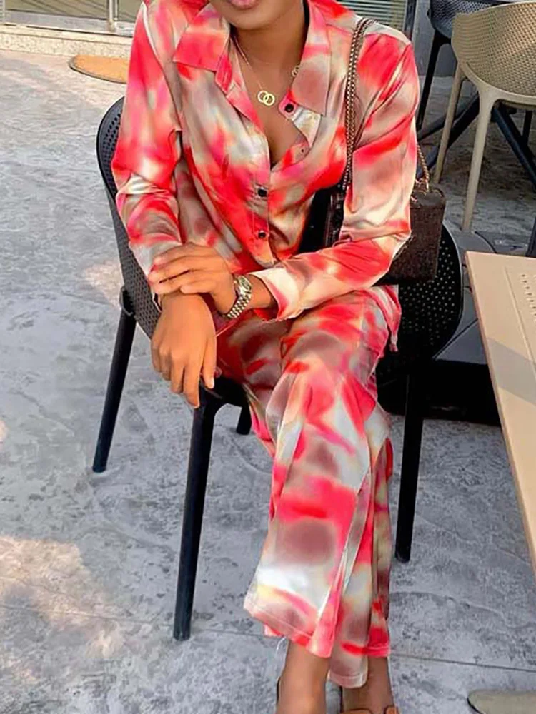 Conjuntos de 2 uds con estampado de retazos para primavera y verano, traje elegante con cuello vuelto para vacaciones para mujer, pantalones de pierna ancha 2025, trajes sencillos para mujer