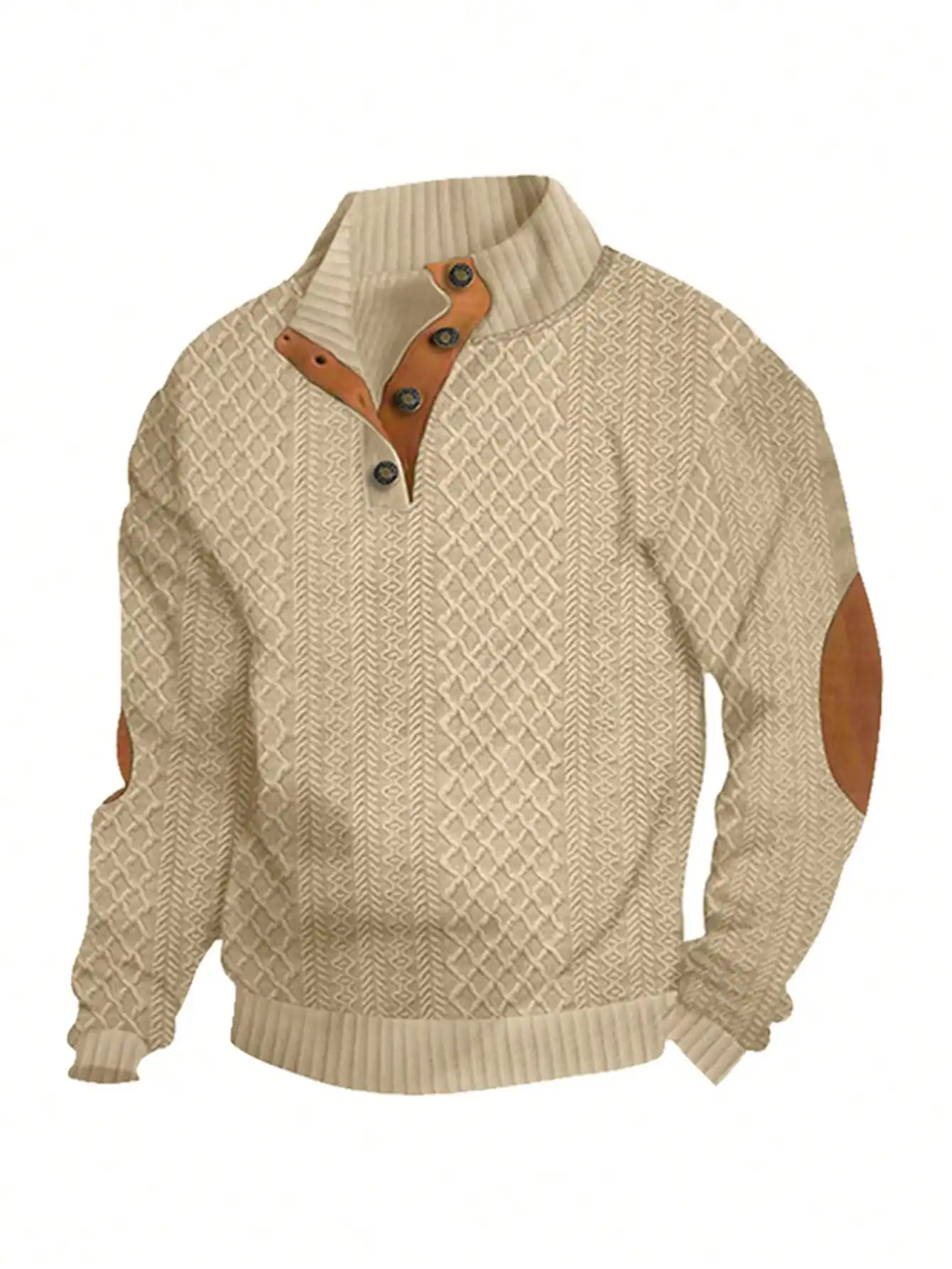

Men's Cable Knit Half-Placket Sweater with Leather Patch Elbow, Beige Winter Pullover