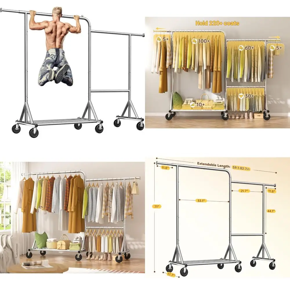

Heavy-Duty Portable Hanging Clothes Rack with Wheels, Capacity 500LBS, Adjustable for Clothing Storage