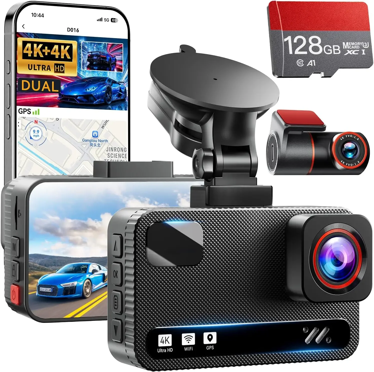 Dash Cam Front and Rear, 4K+4K Dual Dash Camera for Cars, Free 128GB Card | 5.8GHz WiFi 20MB/s Fast Download and App Control, GP